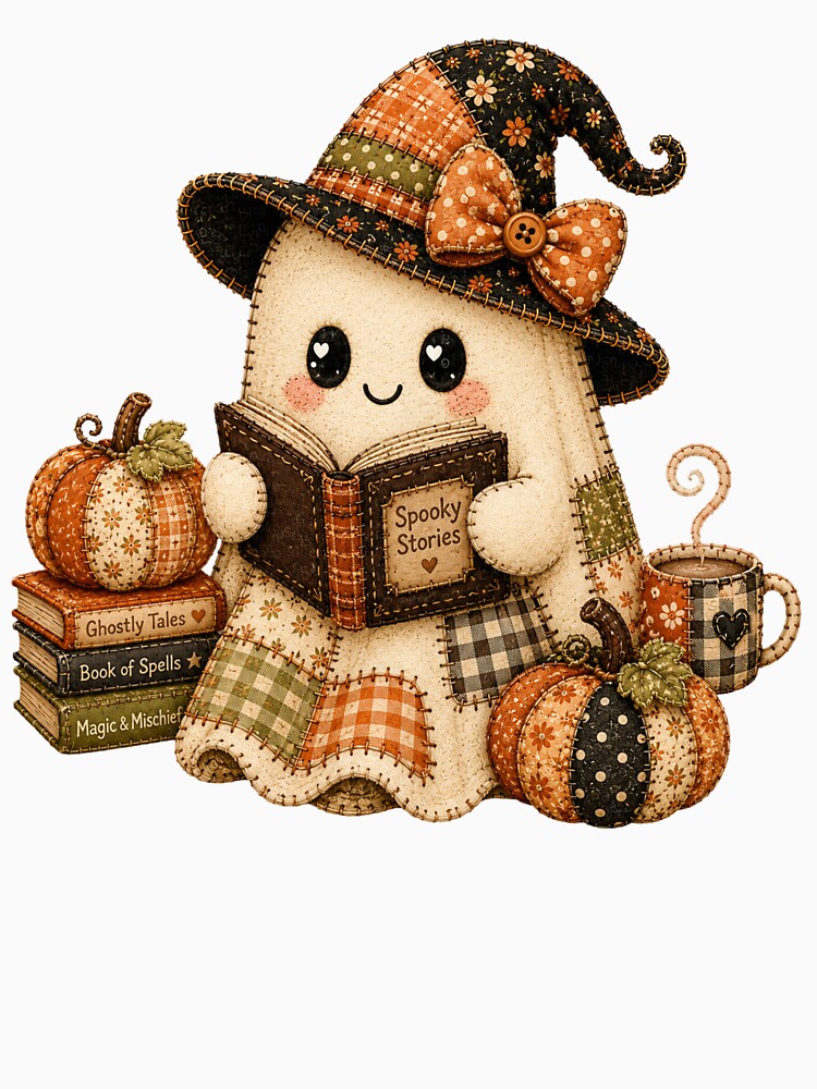 Cute Patchwork Ghost Reading Book | Cozy Halloween Book Lover Cottagecore Art by MolliesBoutique