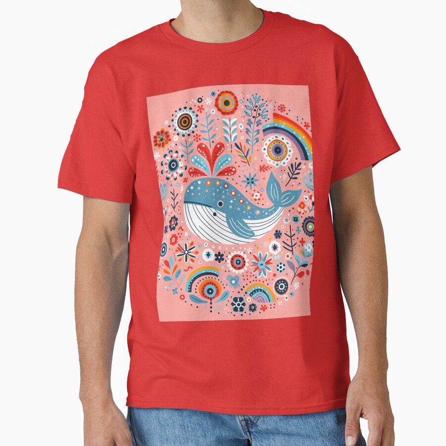 Cute Blue Whale with Spout and Rainbow - Scandinavian Folk Art by heidiannemorris © by FOLK ART FUSION by heidiannemorris