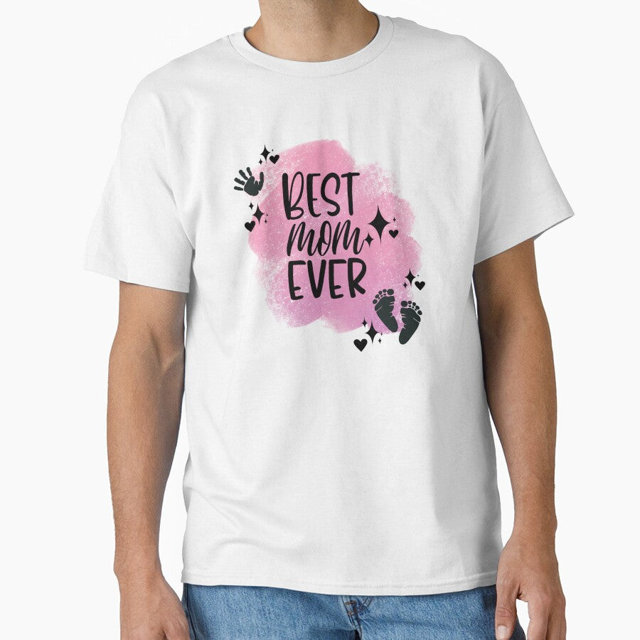 Best Mom Ever with Hand, Footprints, Hearts, Stars & Pink Background by JeweledDesigns