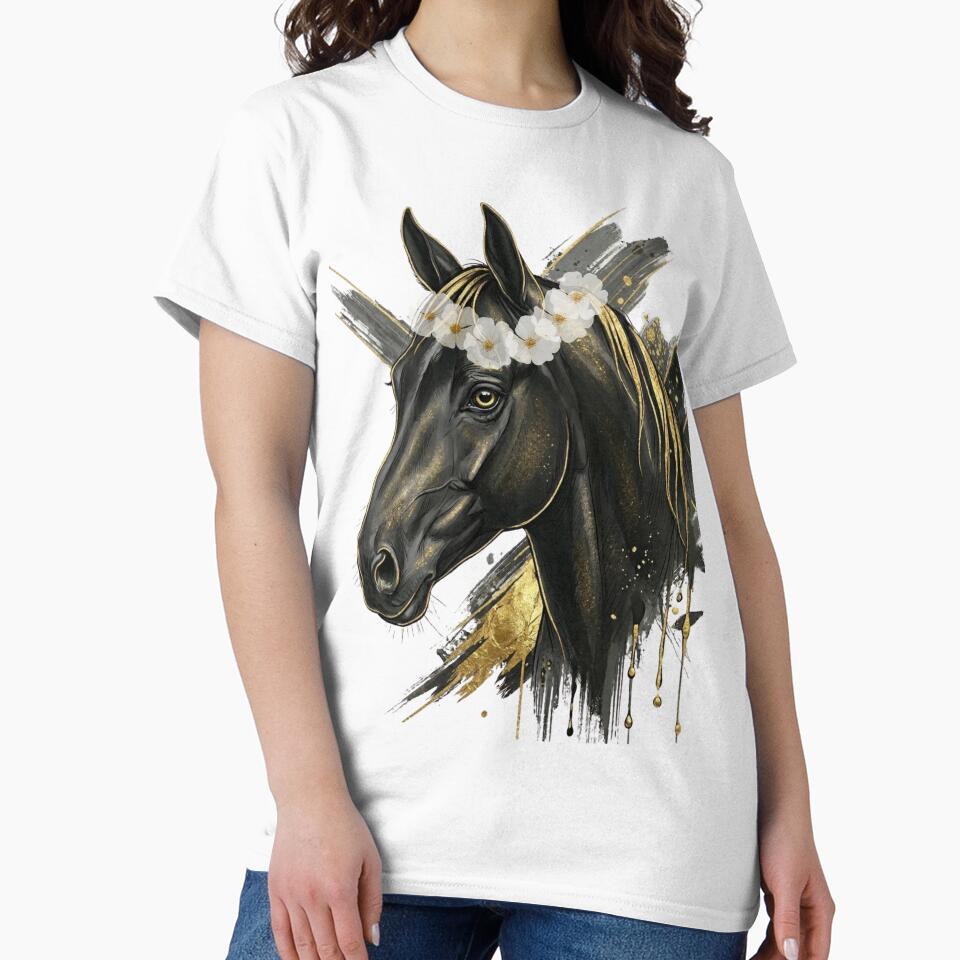 Black Horse Golden Floral Crown Art by OneCklick