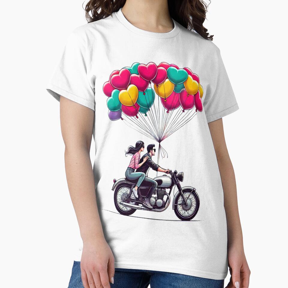 Romantic Couple on Motorcycle with Heart Balloons – Valentine Love Art by Rajasekar