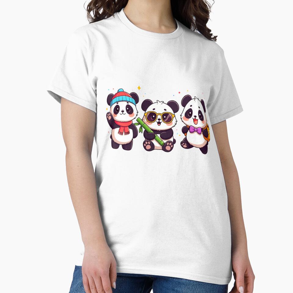 Cute Kawaii Pandas Trio Cartoon Panda Friends Art by ExploreAura Studio
