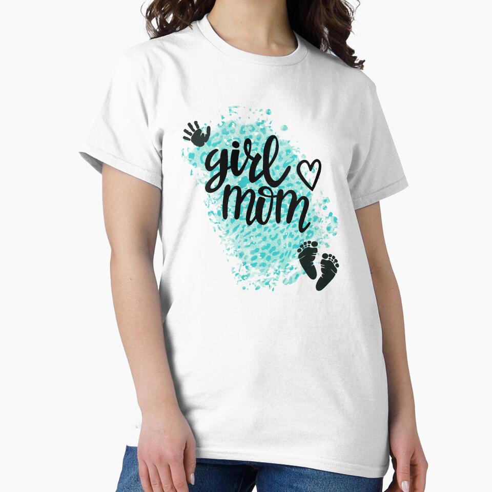Girl Mom with Hand & Footprints & Teal Leopard Print Background by JeweledDesigns