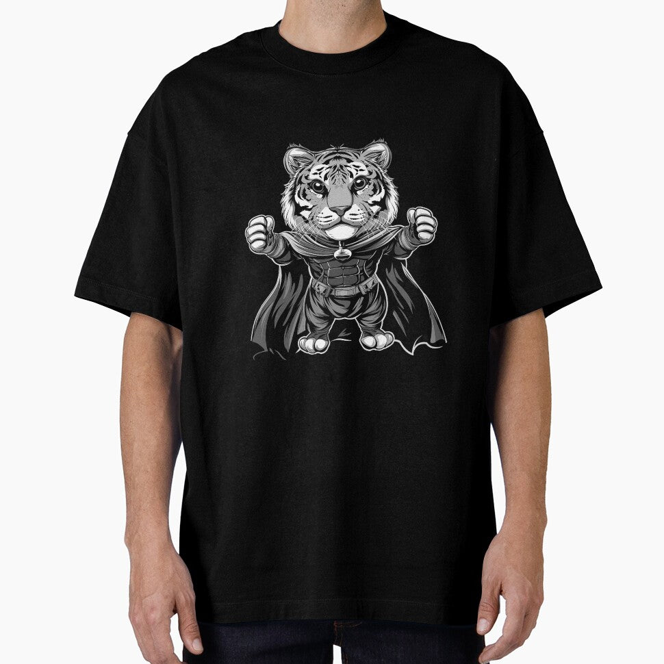 Cute Superhero Tiger Black and White Cartoon Illustration by inkoutninja
