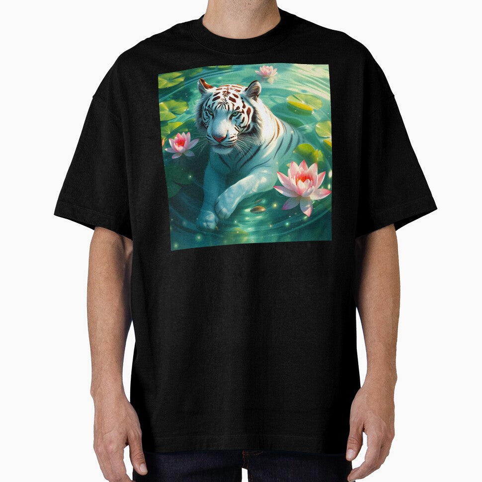 Swimming bathing white tiger in green lake among waterlilies beautiful feline big cat digital art animal portraiture by EmeraldeaArt