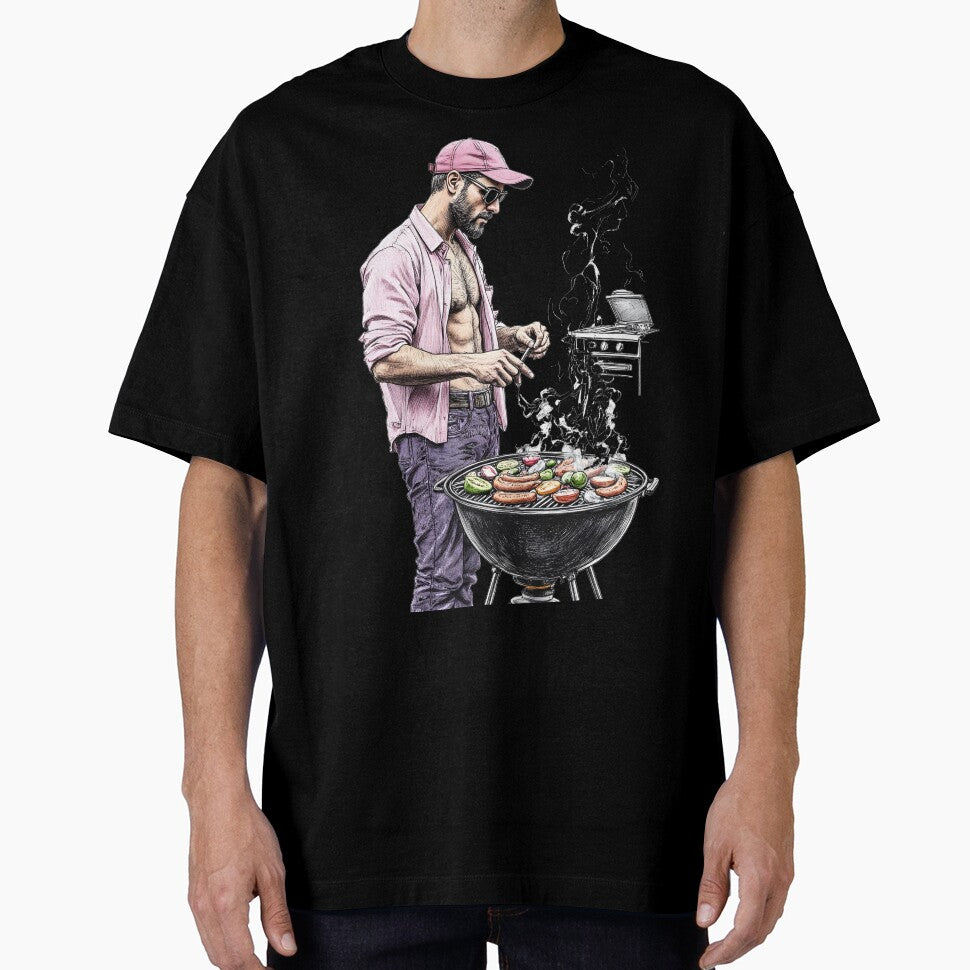 Gay Dad Grilling In The Garden - B&W Image by Museum Of Non-Existing Art