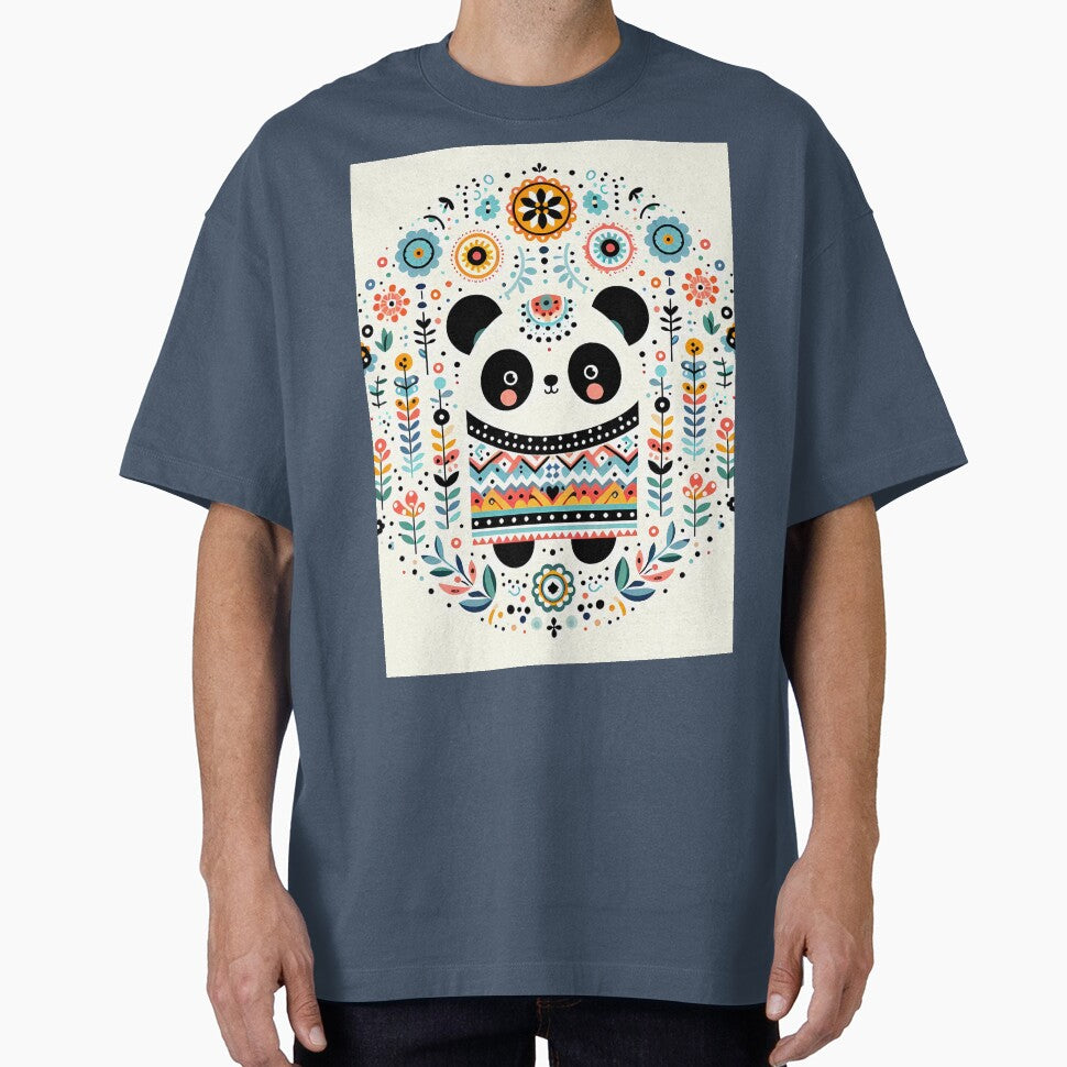 Adorable Panda Bear Surrounded by Folk Art Botanicals - Scandinavian Folk Art by heidiannemorris © by FOLK ART FUSION by heidiannemorris