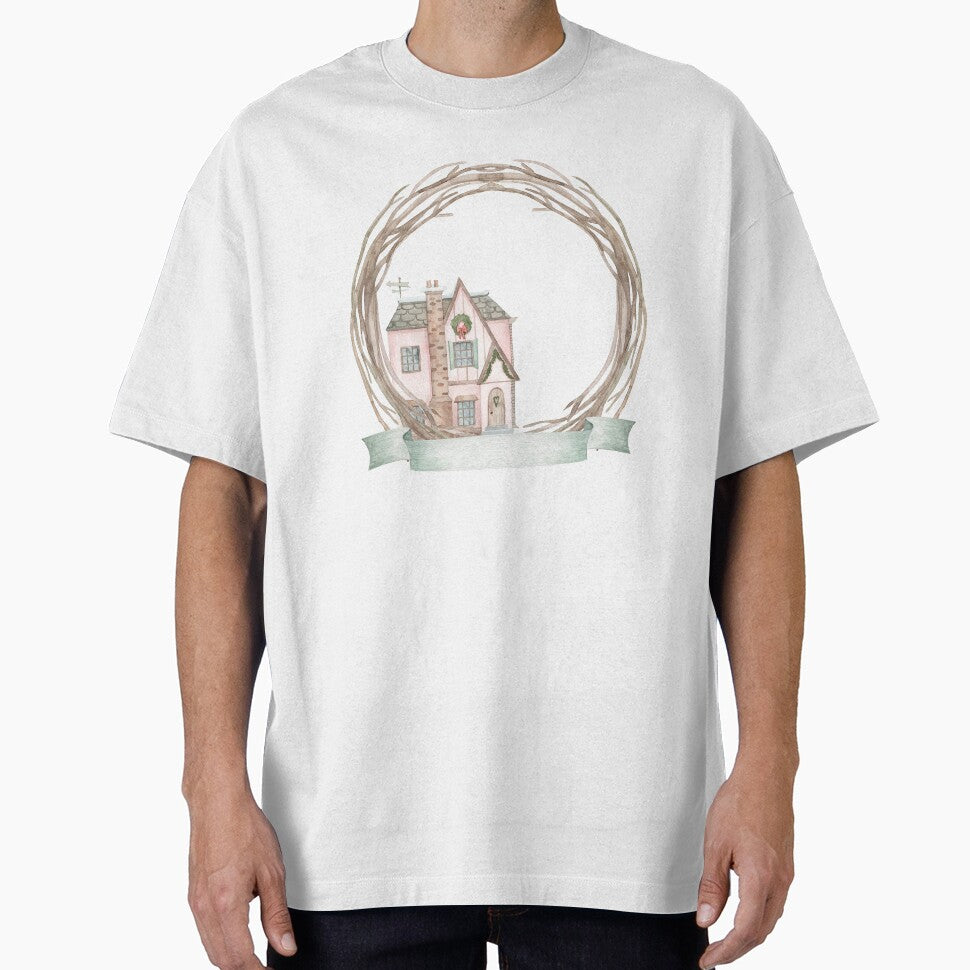 Christmas Cottage Wreath Watercolor Illustration | Holiday Frame PNG | Winter House Clipart | Rustic Christmas Decor by Sasha Zinch Design