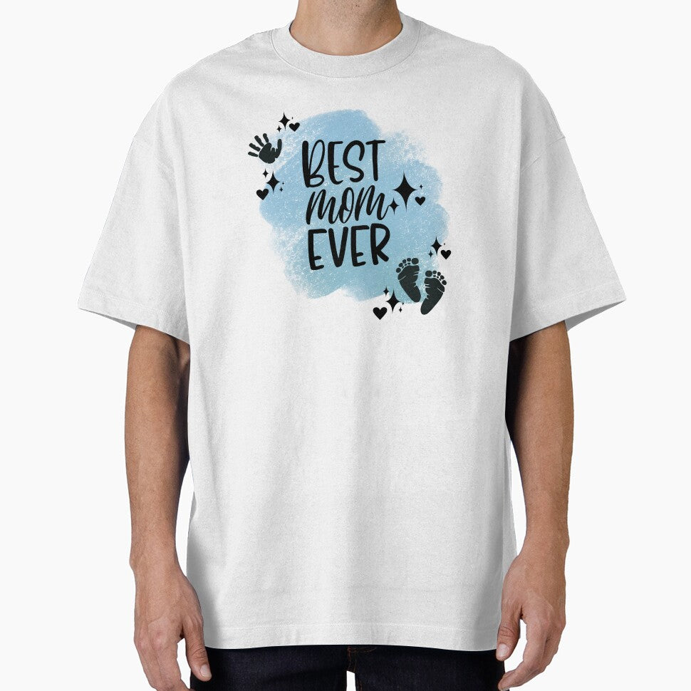 Best Mom Ever with Hand, Footprints, Hearts, Stars & Blue-gray Background by JeweledDesigns